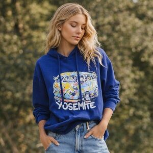 Yosemite Graphic Hoodie Blue Pullover VW Bus Art | Cozy National Park Sweatshirt